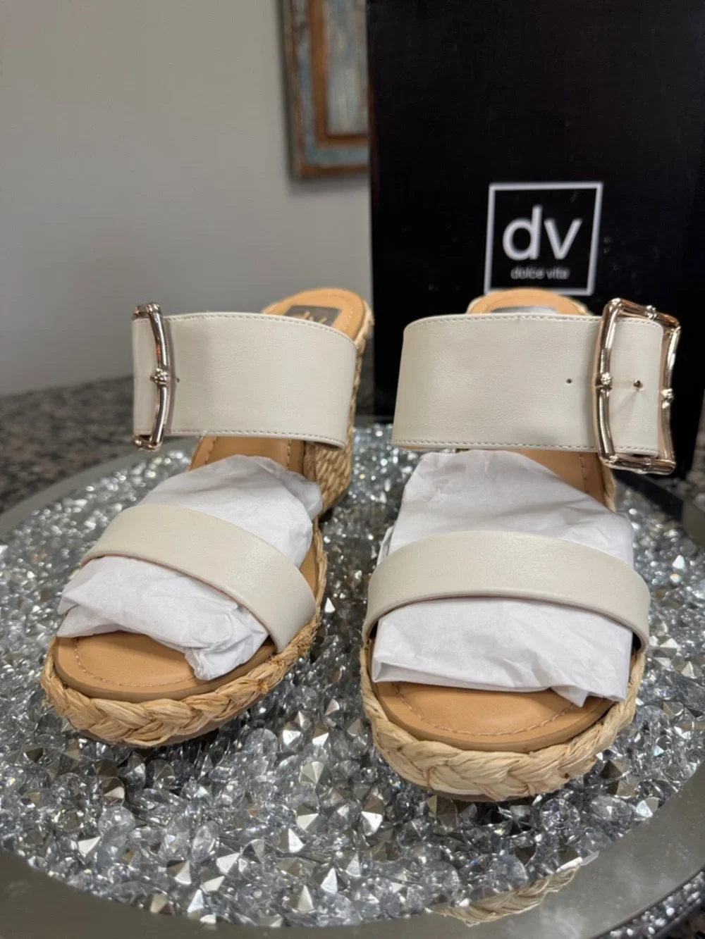 Dolce Vita Cream Woven Espadrille Wedge Sandals with Gold Buckle NEW 10